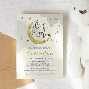 Invitation Au-dessus du Baby shower Lune Grey Gold Stars