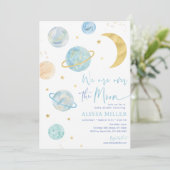 Invitation Au-dessus du Baby shower spatial pour garçons bleu (Debout devant)