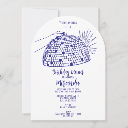 Invitation au dîner avec boule disco bleue (Devant)