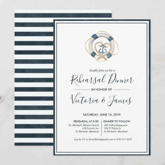 Invitation au dîner de répétition Navy & Blanc (Devant / Derrière)