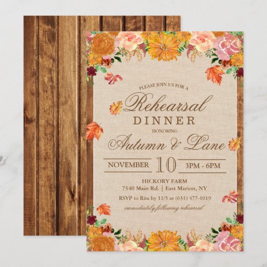 Invitation au dîner de répétition rustique d'autom (Devant / Derrière)