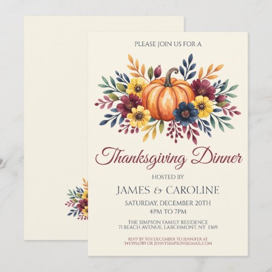 Invitation au dîner de Thanksgiving à la citrouill (Devant / Derrière)
