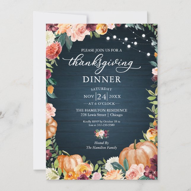Invitation au dîner de Thanksgiving avec fleurs d' (Devant)
