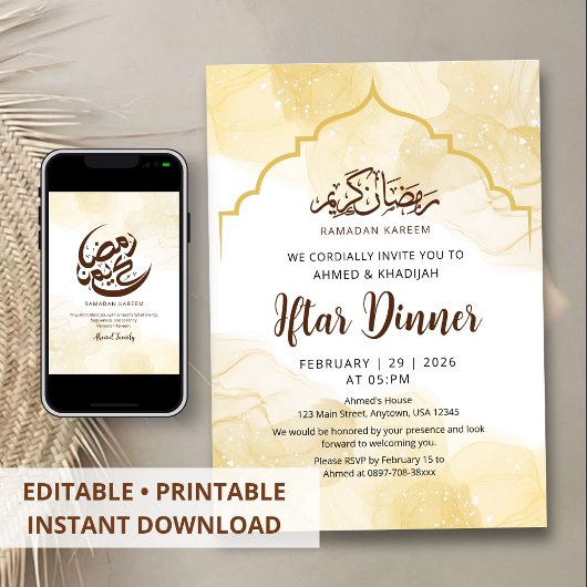 Invitation au dîner d'Iftar en marbre jaune or lux