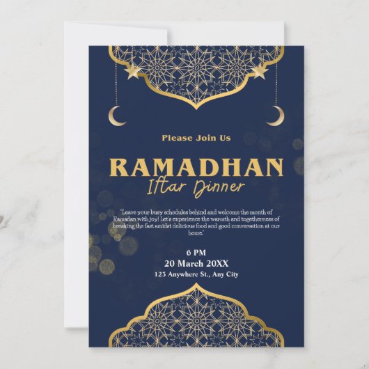 Invitation au dîner moderne d'Iftar Blue Gold (Devant)