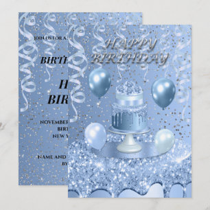 Invitation au gâteau d'anniversaire bleu étincelan