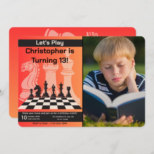 Invitation au jeu d'échecs Anniversaire avec photo (Devant / Derrière)