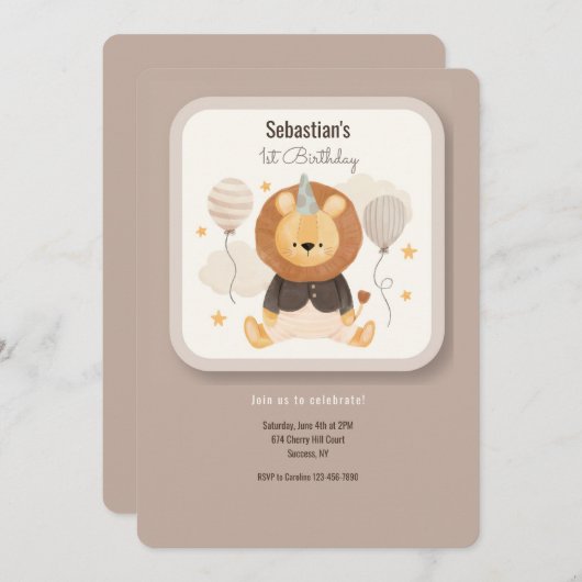 Invitation au lion bébé anniversaire (Devant / Derrière)