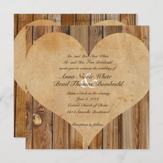 Invitation au Mariage campagnard Parchment Heart W (Devant / Derrière)