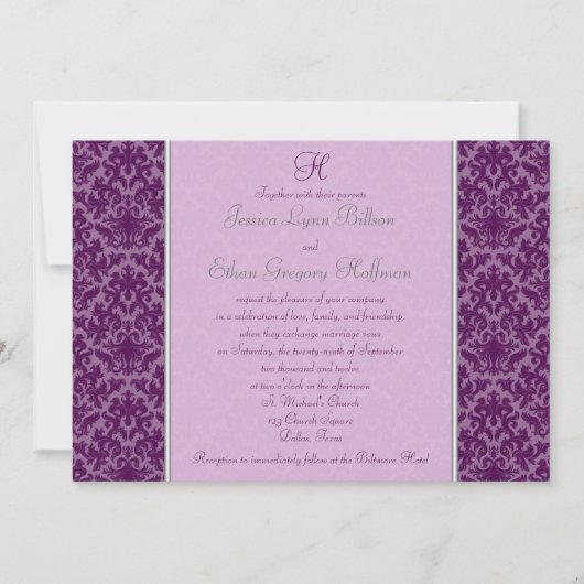 Invitation au Mariage damassé de prunes monogramme (Devant)