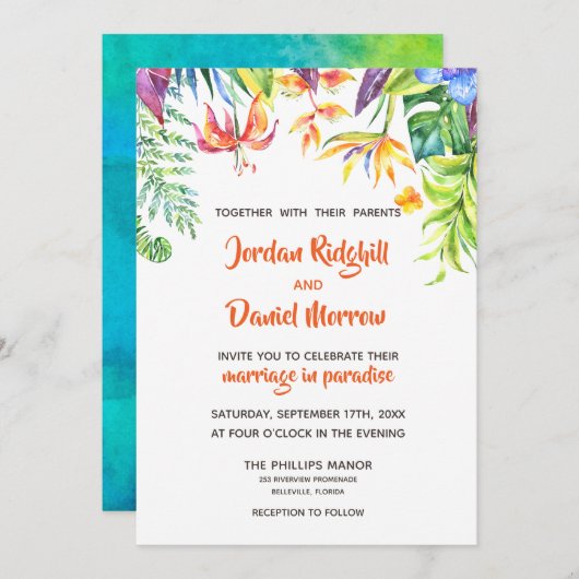 Invitation au mariage de destination de l'aquarell (Devant / Derrière)