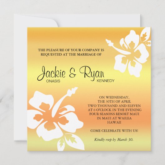 Invitation au mariage de plage Hibiscus Orange jau (Devant)