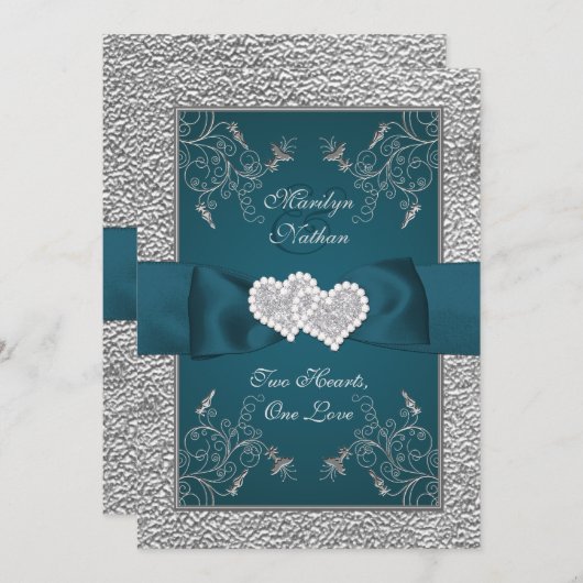Invitation au mariage des coeurs Turquoises et gri (Devant / Derrière)
