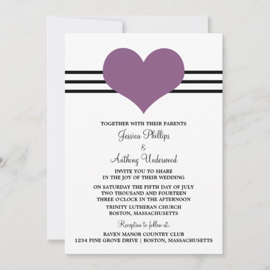Invitation au mariage du coeur mod, violet (Devant)