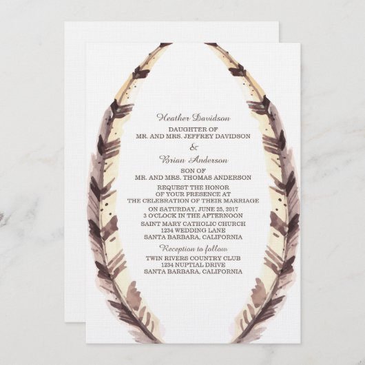 Invitation au mariage frontalier plumé (Devant / Derrière)
