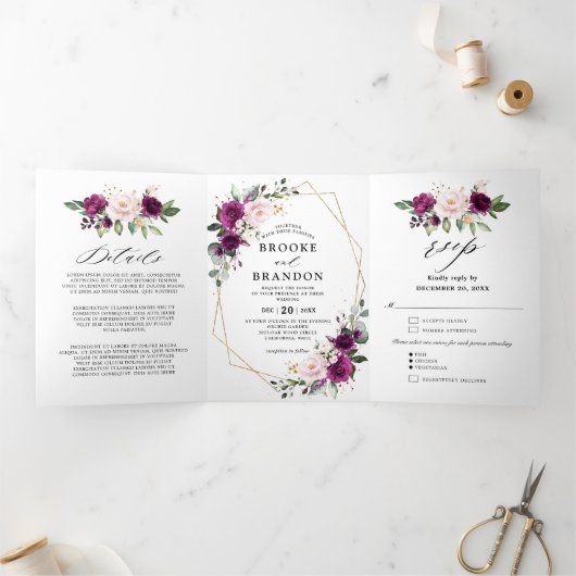 Invitation au mariage géométrique triplé blanc ivo (Intérieur)