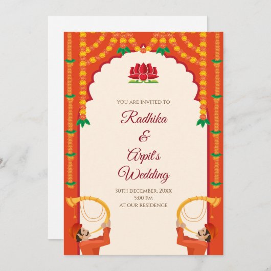 Invitation au mariage indien et carte Mariage hind (Devant / Derrière)