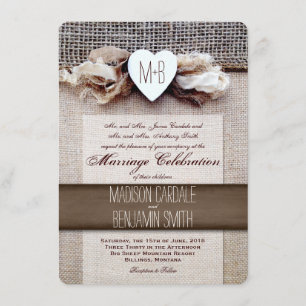 Invitation au mariage initial du coeur de Burlap