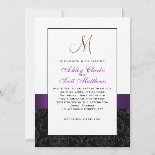 Invitation au mariage initial pour un damas noir v (Dos)