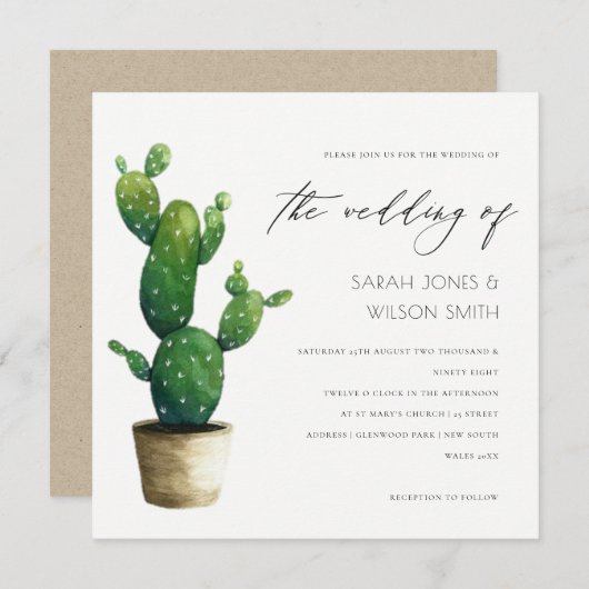 Invitation au mariage minimal Poted Cactus Green F (Devant / Derrière)