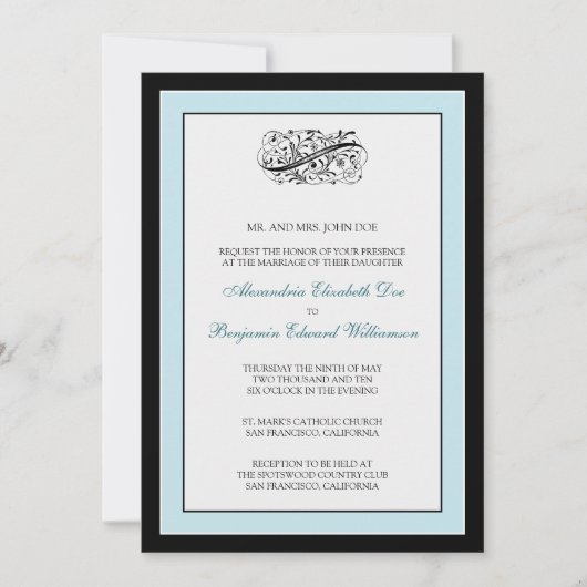 Invitation au mariage noir/bleu simple 5x7 (Devant)