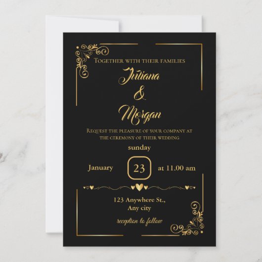Invitation au mariage noir et or élégant (Devant)