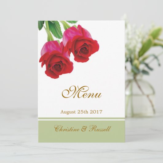 Invitation au menu de mariage Deux roses rouges (Debout devant)
