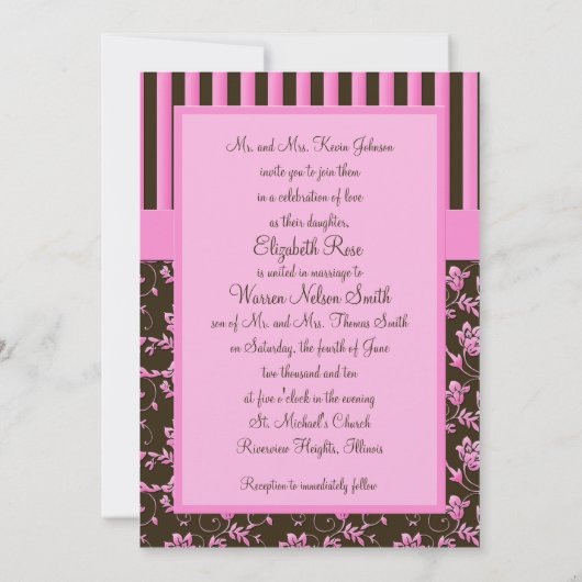 Invitation au monogramme à rayure rose et Brown (Dos)