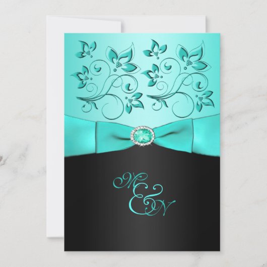 Invitation au Monogramme Aqua et Black Floral II (Devant)