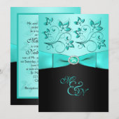 Invitation au Monogramme Aqua et Black Floral II (Devant / Derrière)