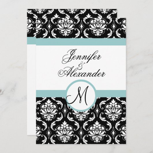 Invitation au Monogramme de Mariage damassé noir b (Devant / Derrière)
