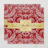 Invitation au monogramme de ruban doré Damask Red  (Devant / Derrière)