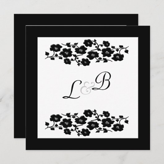 Invitation au monogramme floral noir et blanc (Devant / Derrière)