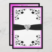 Invitation au monogramme floral rose et noir (Devant / Derrière)