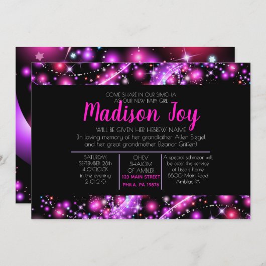 Invitation au nom d'un bébé juif dans les étoiles  (Devant / Derrière)