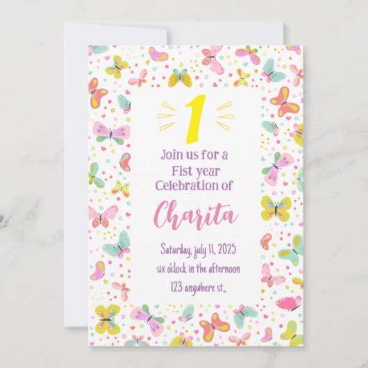 Invitation au papillon 1er anniversaire (Devant)