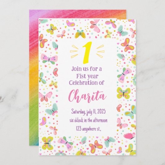 Invitation au papillon 1er anniversaire (Devant / Derrière)