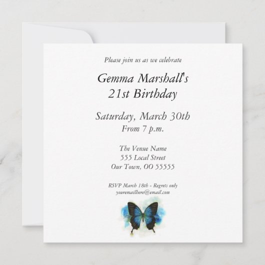 Invitation au papillon bleu 21e anniversaire (Dos)