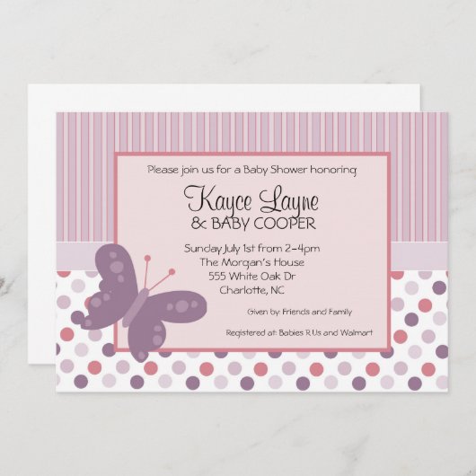 Invitation au papillon mauve par bandes et points (Devant / Derrière)