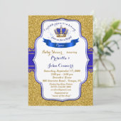 Invitation au petit Baby shower Prince, or, bleu (Debout devant)