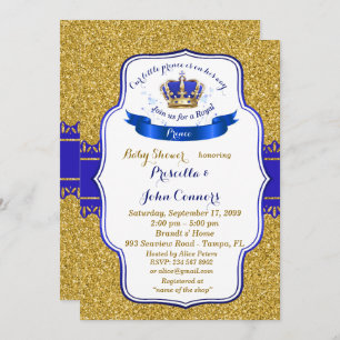 Invitation au petit Baby shower Prince, or, bleu