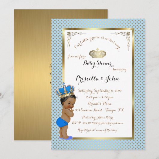 Invitation au petit Baby shower Prince, or, bleu (Devant / Derrière)