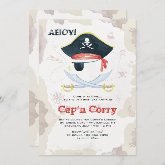 Invitation au pirate d'aquarelle (Devant / Derrière)