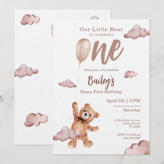 Invitation au premier anniversaire de Beary (Devant / Derrière)