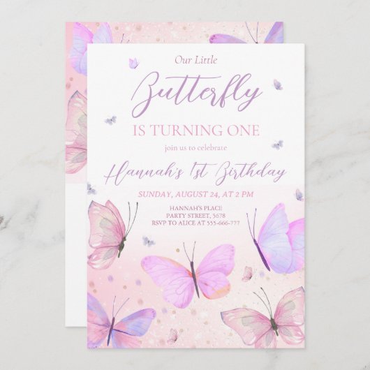 Invitation au premier anniversaire de papillon (Devant / Derrière)