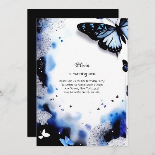 Invitation au premier anniversaire de papillon (Devant / Derrière)