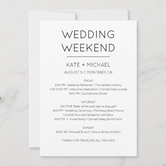 Invitation au programme de weekend de mariage élég (Dos)