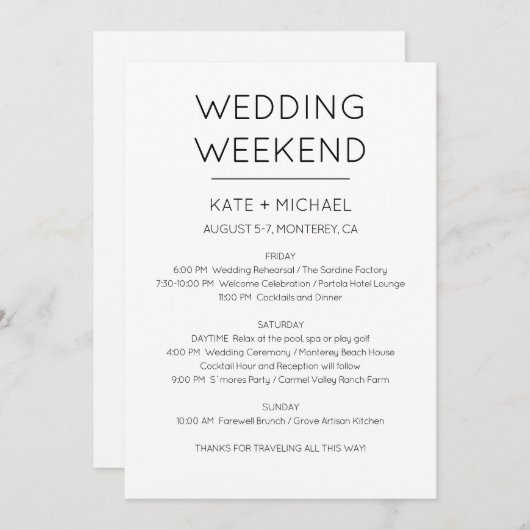 Invitation au programme de weekend de mariage élég (Devant / Derrière)