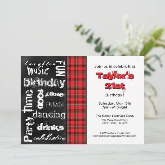 Invitation au Red Plaid and Grunge Chalkboard Part (Debout devant)