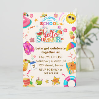 Invitation AU REVOIR ÉCOLE Bonjour l'été FÊTE, Fin de l'école